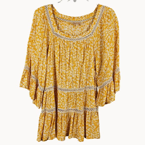 Womens Magnolia Lane L Tunic Yellow Floral Ruffled Boho Cottage Prairie Country - Picture 9 of 15